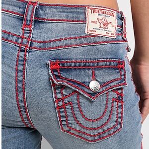 True Religion Light Blue Jeans with Red Contrast Stitching